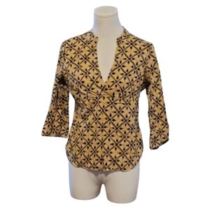 Talbots Mustard Yellow and Black Diamond Quarter Sleeve Blouse Small Petite